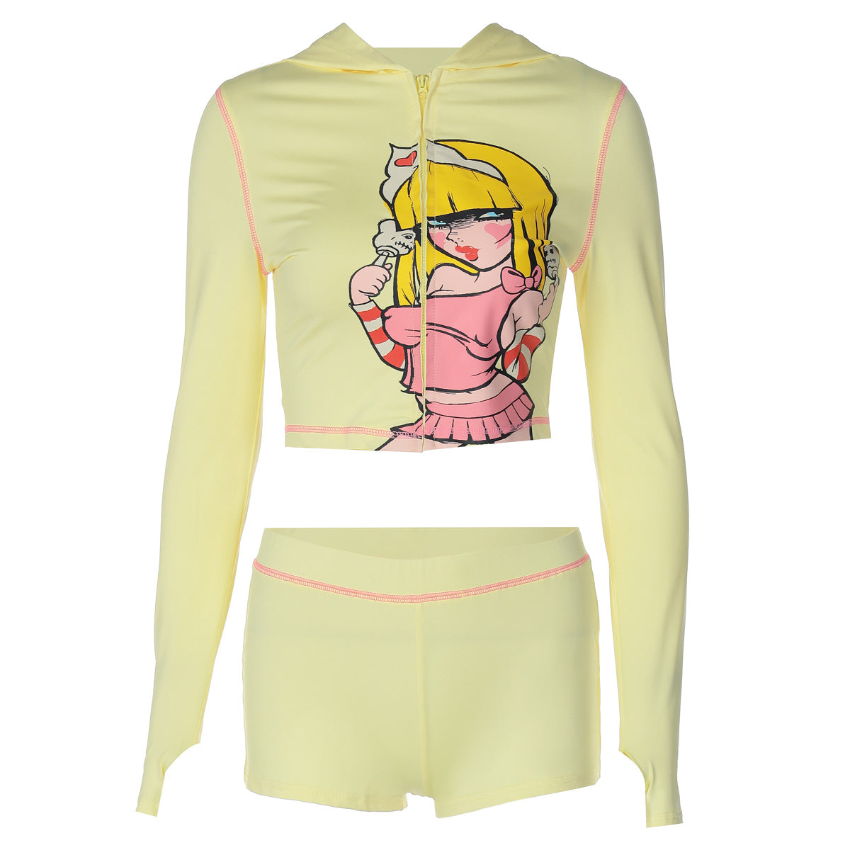 Women's Printed Casual Sporty Hooded Polyester Long Sleeve Shorts Set