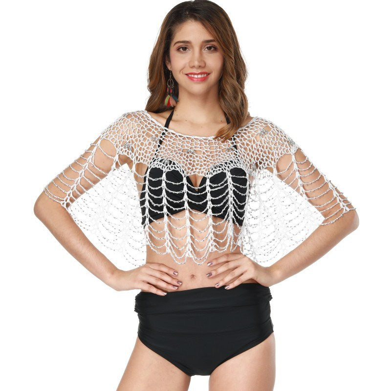 Bikini Beach Cover-up Handmade Crochet Shawl Cape See-through Tassel