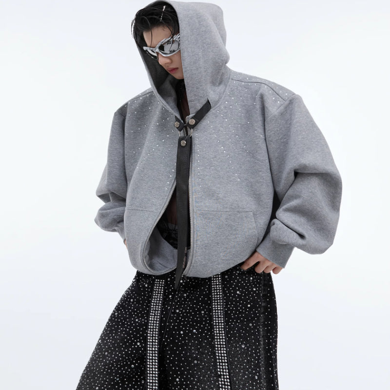 Rhinestone Detachable Tie Hooded Sweater Baggy Coat