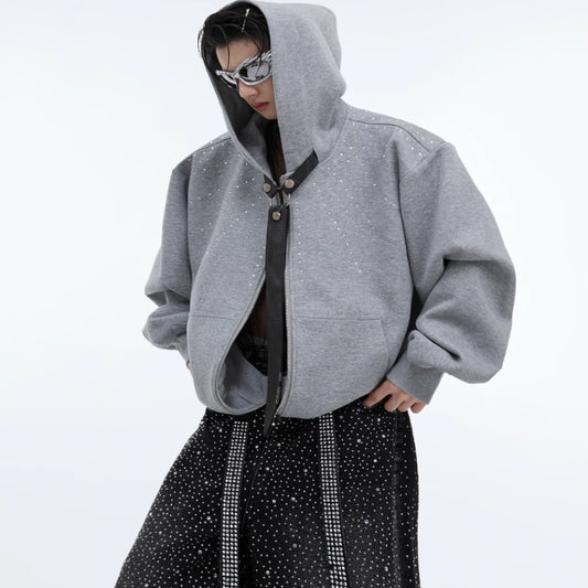 Rhinestone Detachable Tie Hooded Sweater Baggy Coat