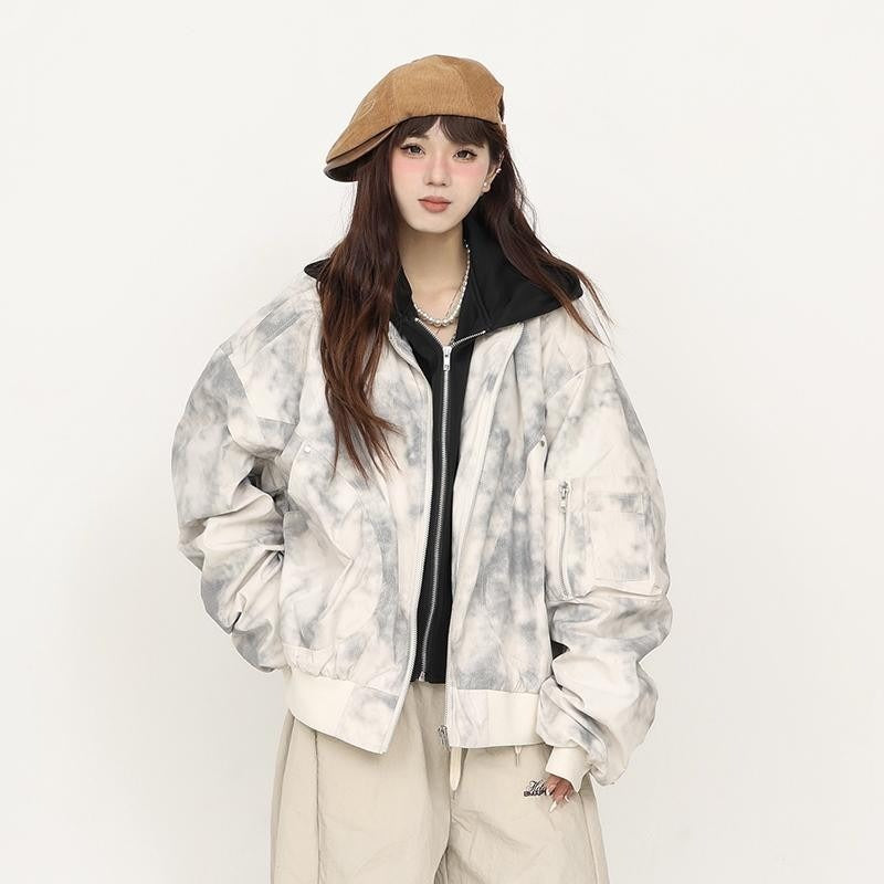 Retro Tie-Dye Hooded Jacket With A Mock Two-Piece Design