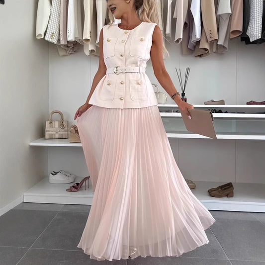 Sleeveless Chanel-style Vest Paired With A Mesh Pleated Skirt Two-piece Set