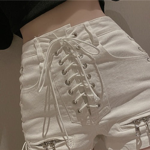 Summer Ladies High Waist Zipper Strap Denim Shorts Fashion Hot Pants