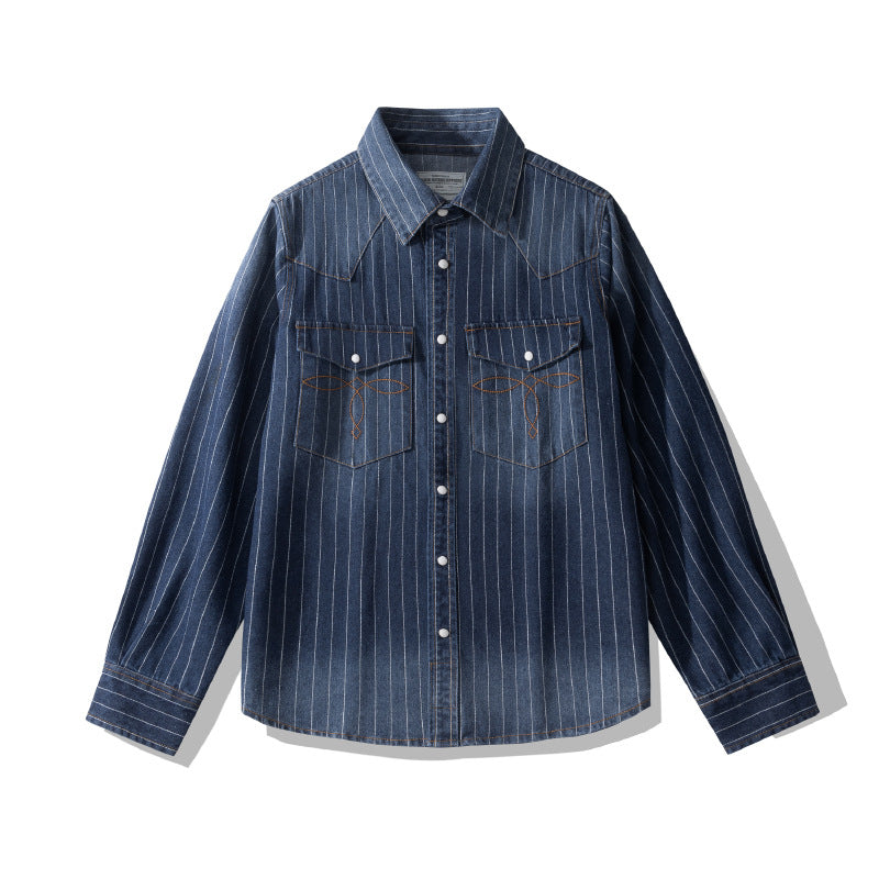 Retro Distressed Striped Denim Shirt