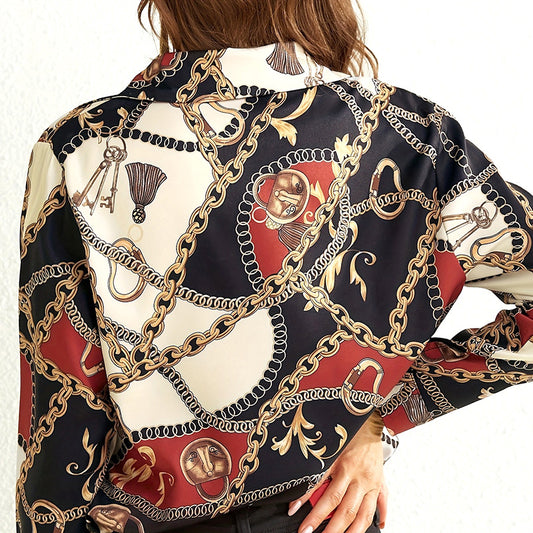 Womens Long-Sleeve Lapel Collar Color-Block Vintage Printed Casual Shirt
