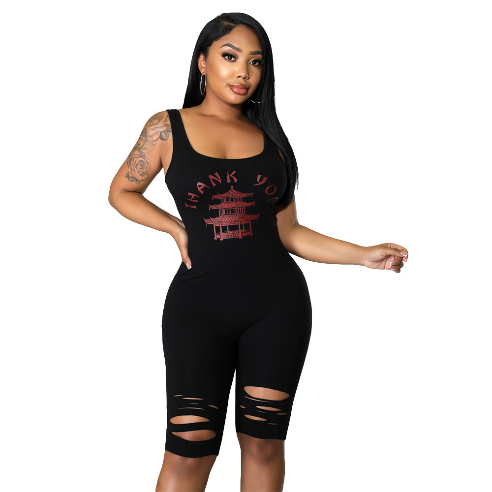 Women's Printed Hollow-out Ripped Jumpsuit