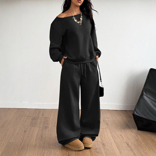 Womens Fashion Casual Sweatshirt And Wide-Leg Pants Set