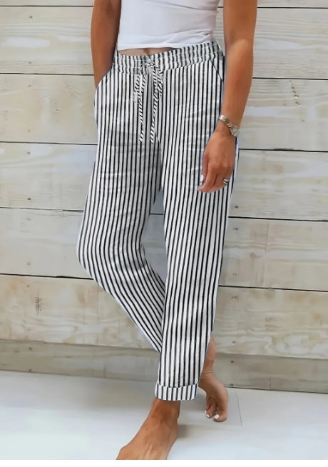Fashion Striped Cotton Linen Elastic-waist Trousers Decorative Buckle Casual Pants
