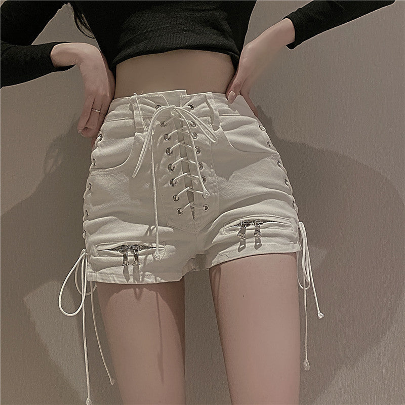 Summer Ladies High Waist Zipper Strap Denim Shorts Fashion Hot Pants