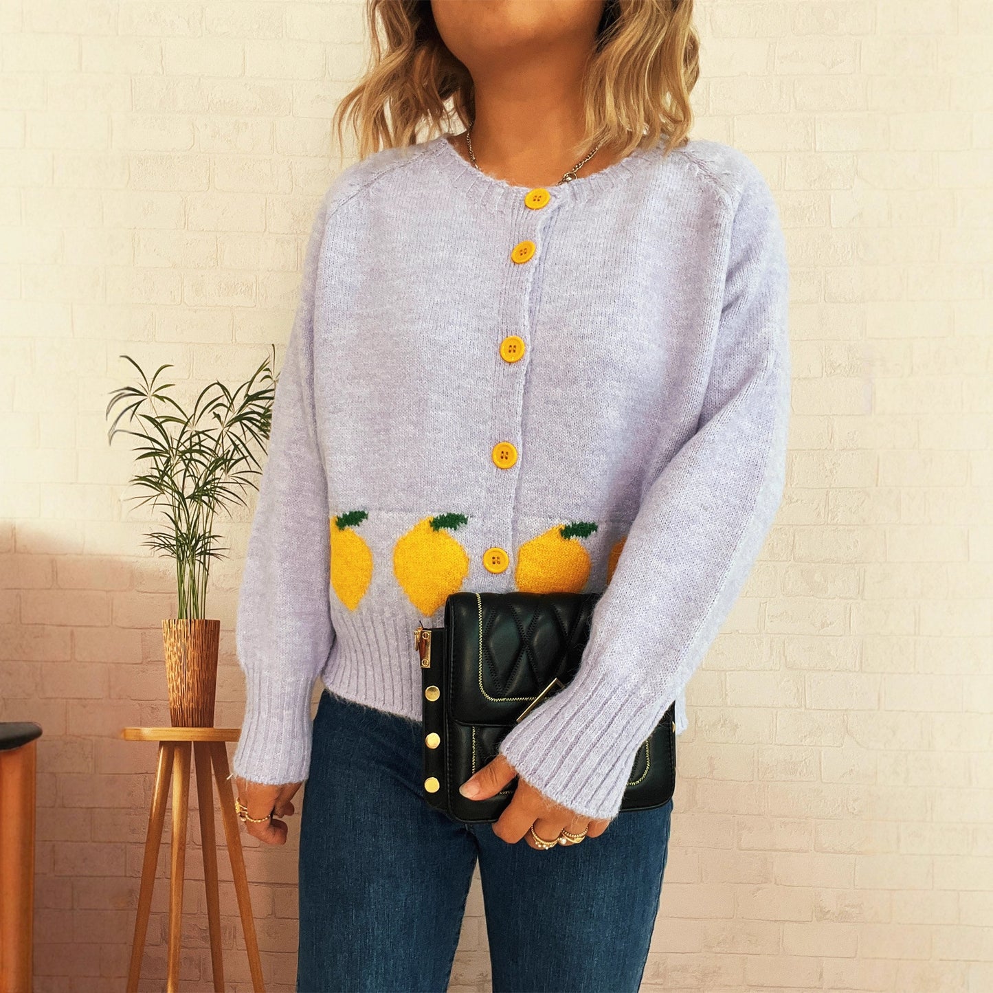 Lemon Jacquard Contrast Color Button Casual Loose Round Neck Sweater
