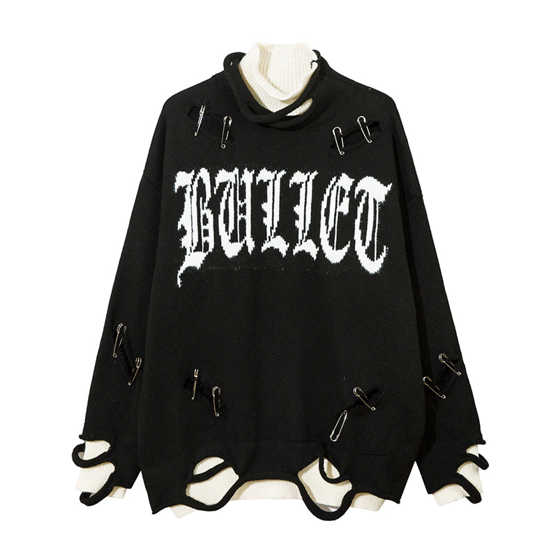 Fake Two-piece Color Matching Turtleneck Letter Cut Ripped Sweater