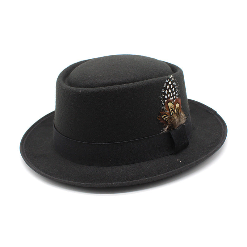 Versatile Jazz Hat Flat Top Woolen Feather French