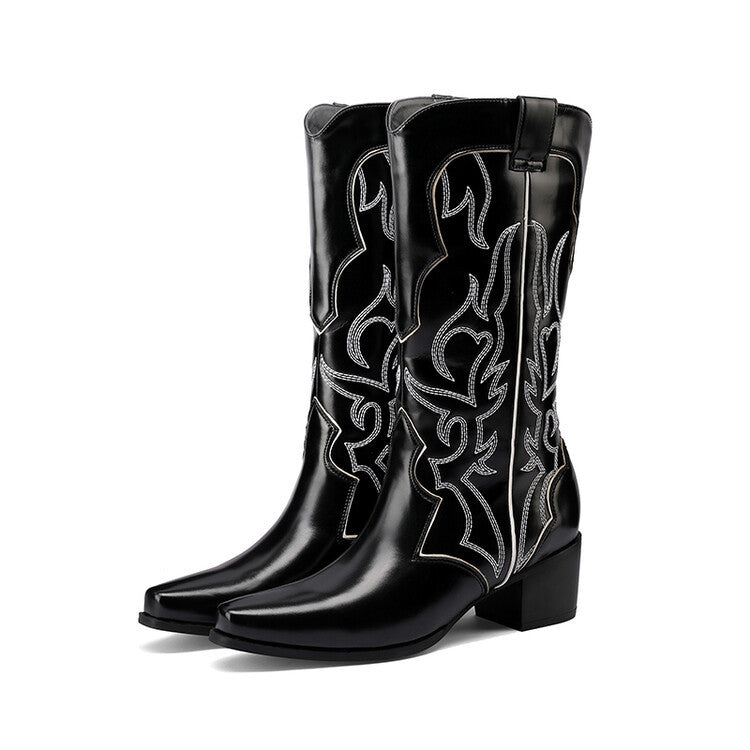 Pointed-toe Red Embroidered Knee-high Boots Chunky Heel