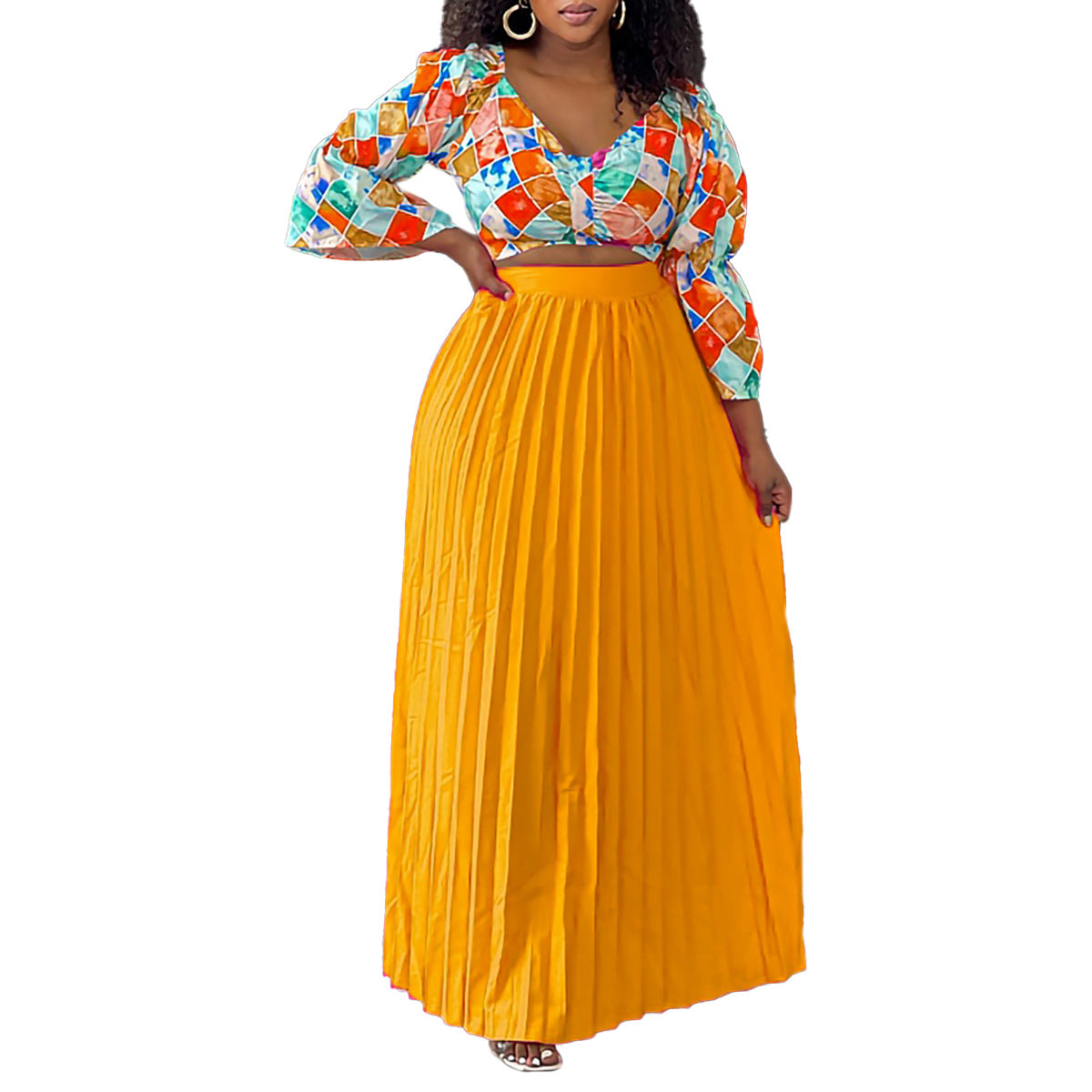 V-neck Printed Top With A Pleated Long SkirtAfrican-style Two-piece Set