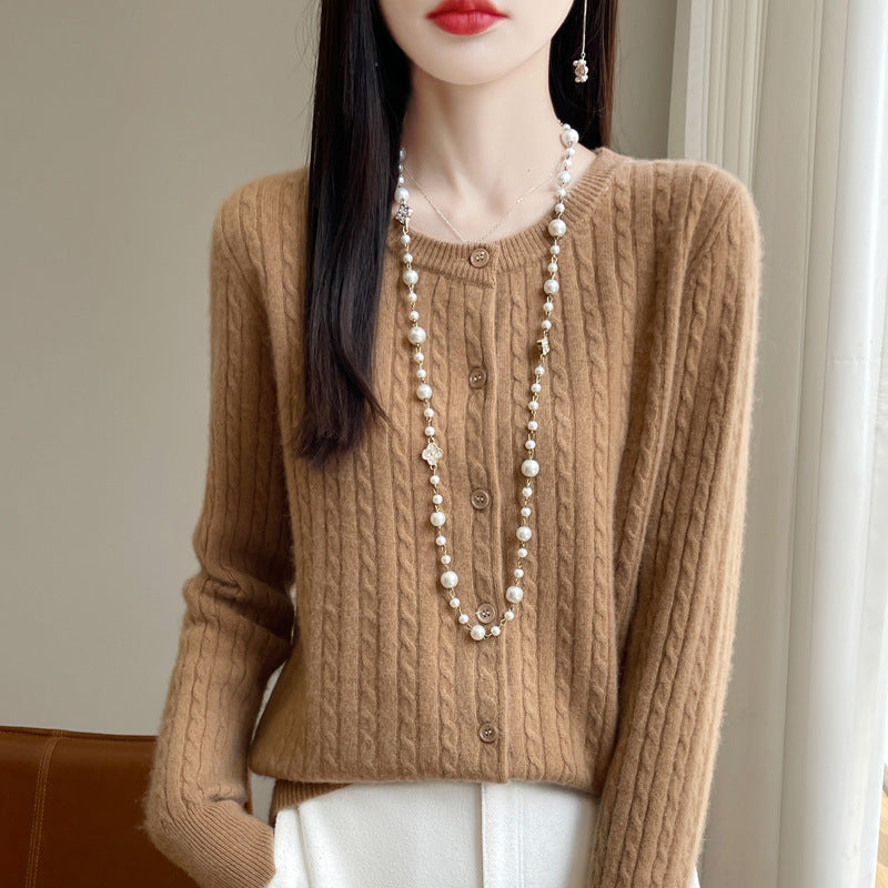 Women's Round Neck Wool Cardigan Twisted Wool Sweater