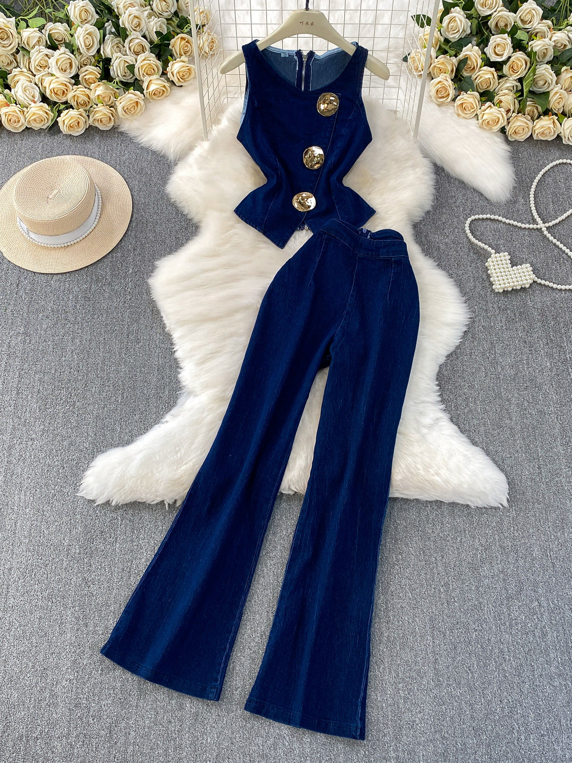 Metal Button Crew Neck Sleeveless Denim Vest High Waisted Wid Leg Pants Set