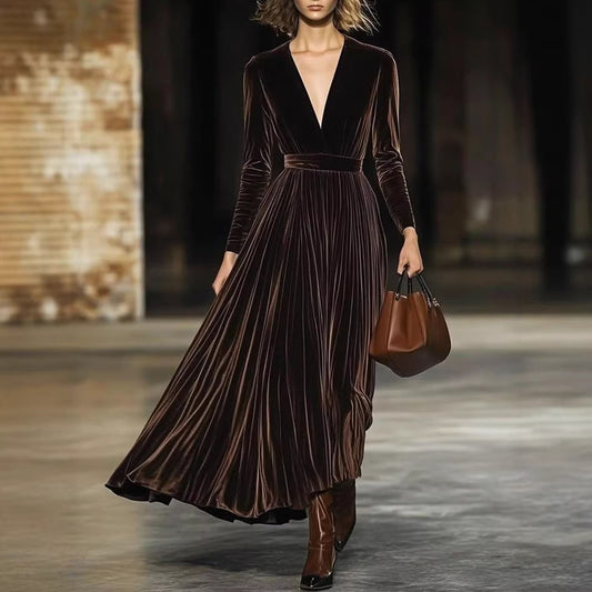 Slimming Solid Color Deep V Neck Pleated Hem Long Sleeve Dress For Women