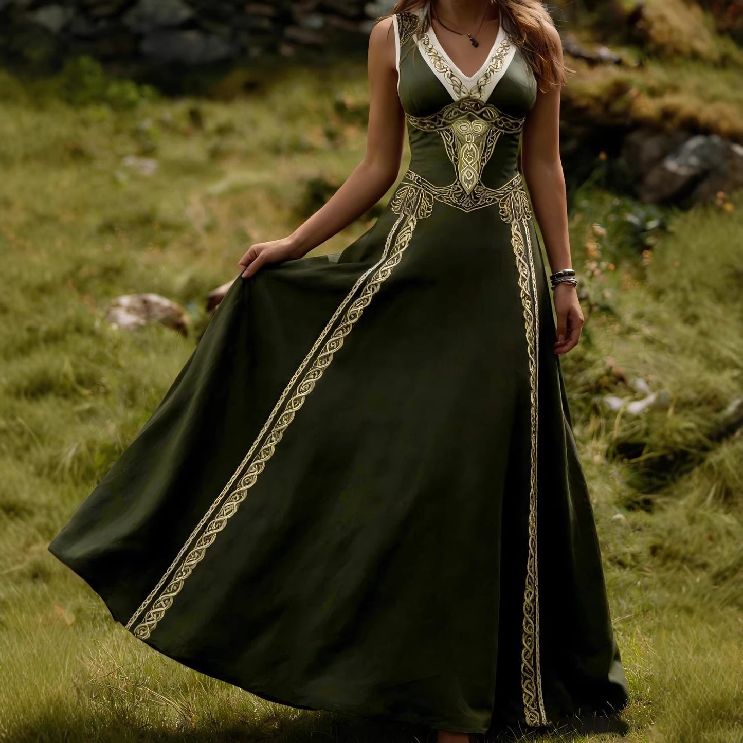 Retro Fashion Art Gown V-Neck Sleeveless Maxi Dress