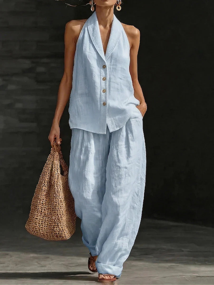 Wide-leg Pants Suit Womens Cotton-linen Fashionable Two-piece Set
