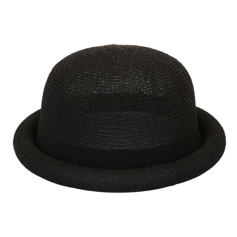 Women's Straw Yarn Curled Brim Round Crown Top Hat Leisure Basin Hat