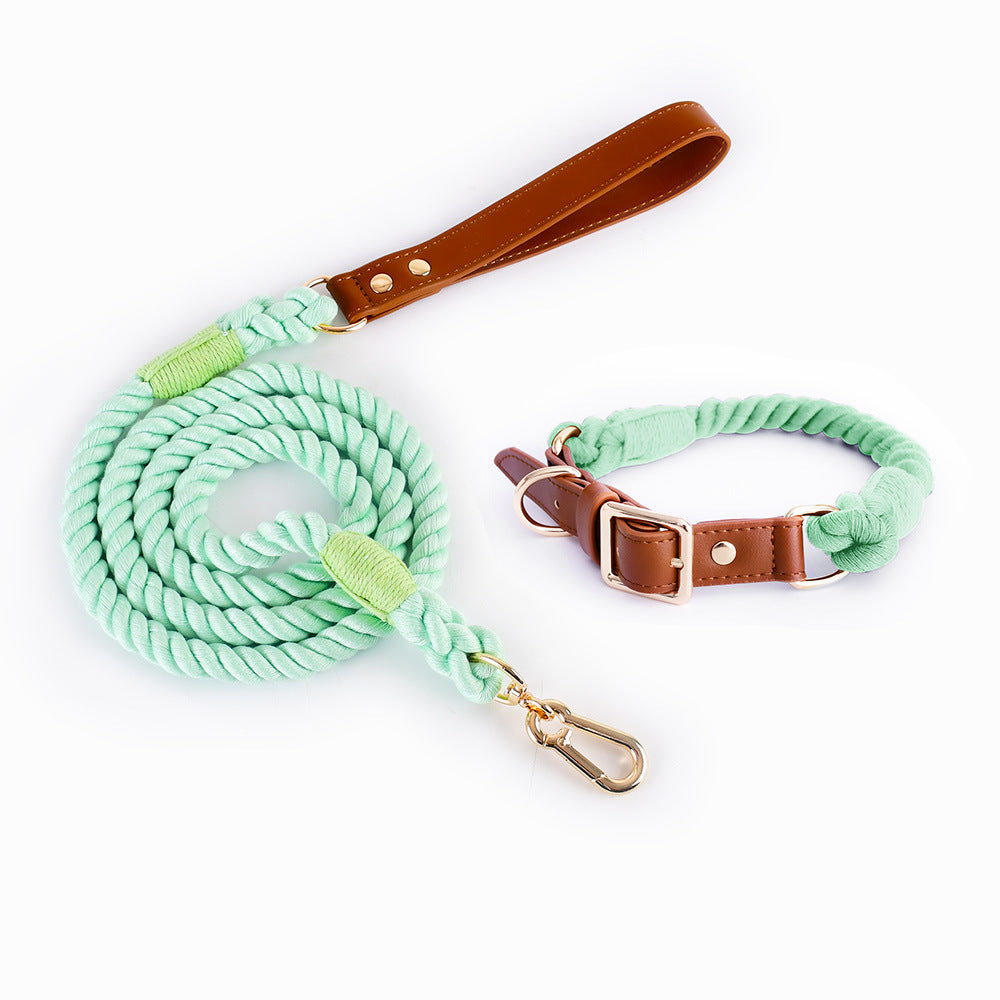 Woven Cotton Rope Leather Pet Dog Collar Suit