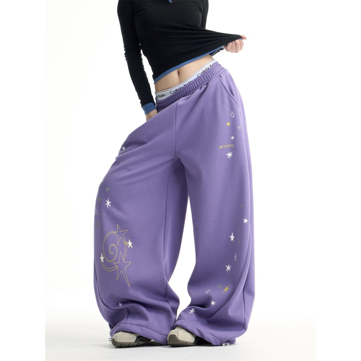 Womens Retro Star Drawstring Wide-Leg Sweatpants