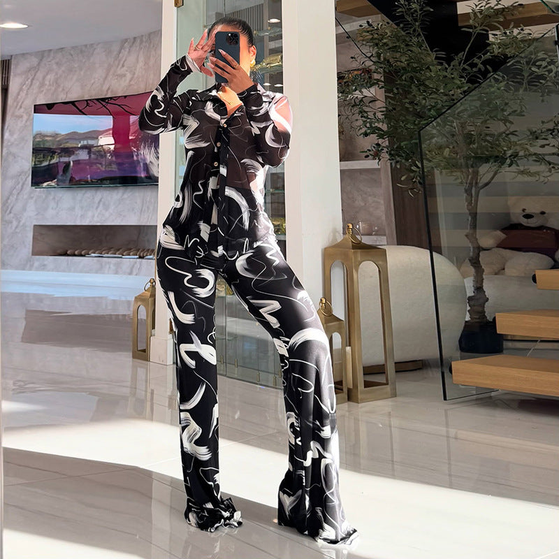 Womens Printed Cardigan And Wide-Leg Pants Set