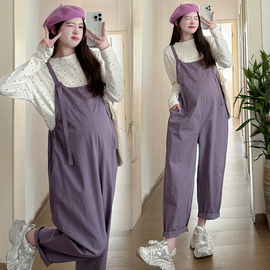 Casual Denim Suspender Pants Polka Dot Top Two-piece Set