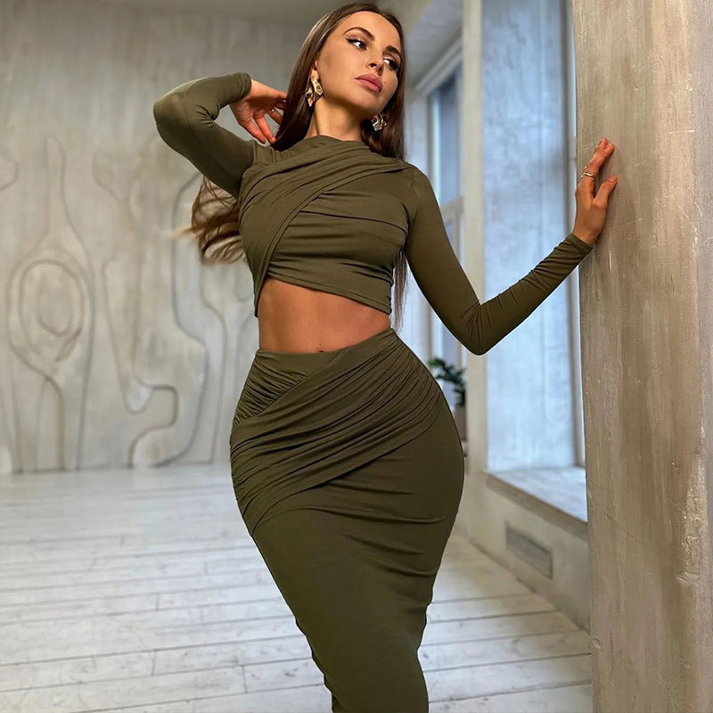 Round-neck Irregular Long-sleeved Crop Top Casual Skirt Two-piece Set