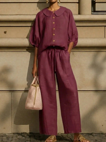 Fashionable Collar Shirt And Wide-Leg Pants Linen Two-Piece Set