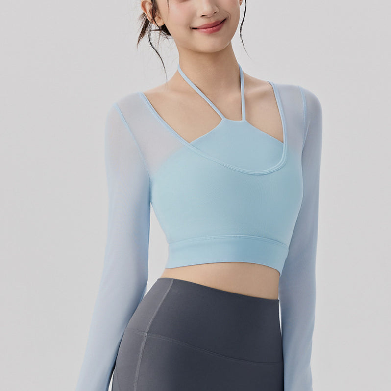 Fake Two-Piece Mesh Long-Sleeve Yoga Top With Built-In Sports Bra