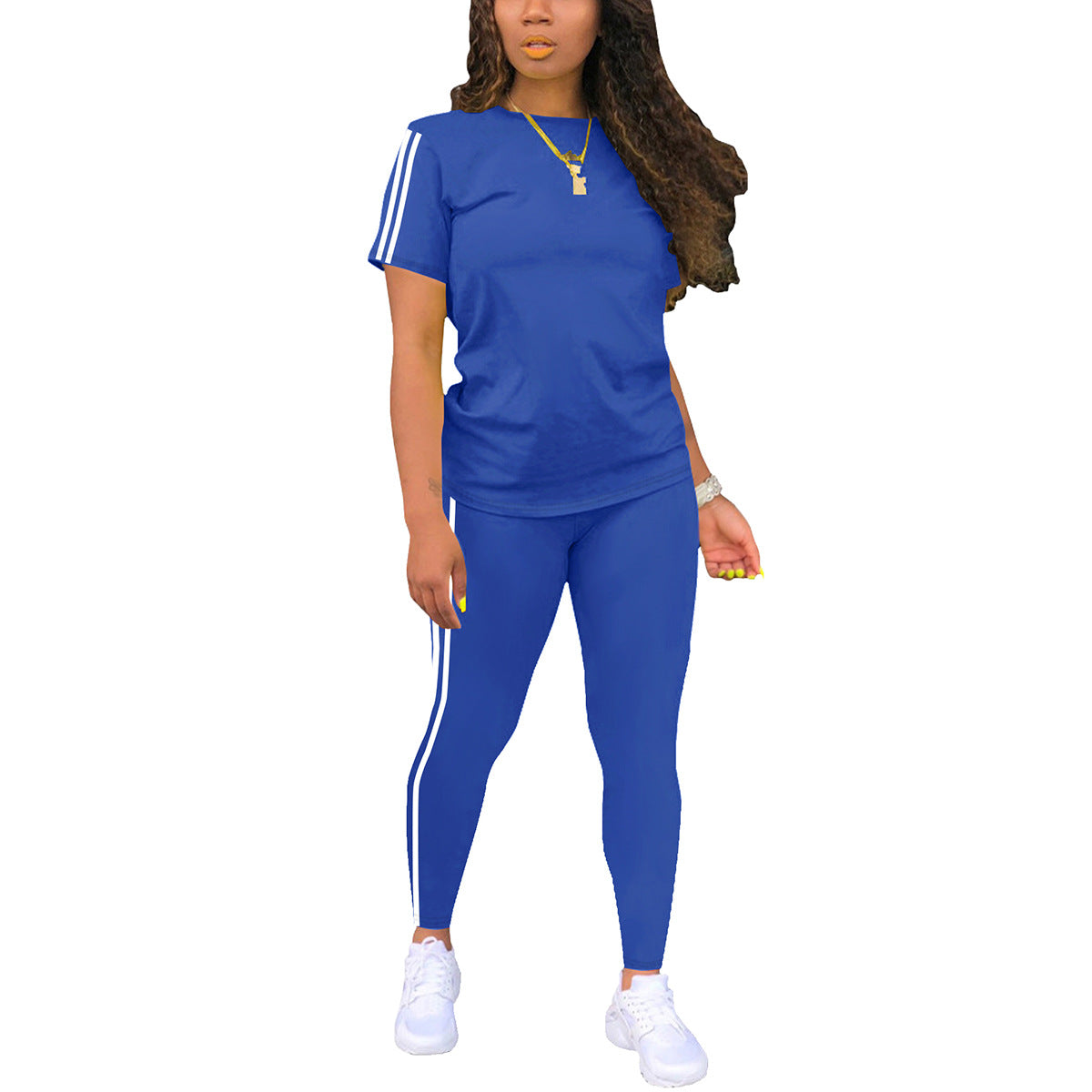 Round Neck Short-sleeved Top With Trousers Suit Side Stickers Women's Two-piece Suit