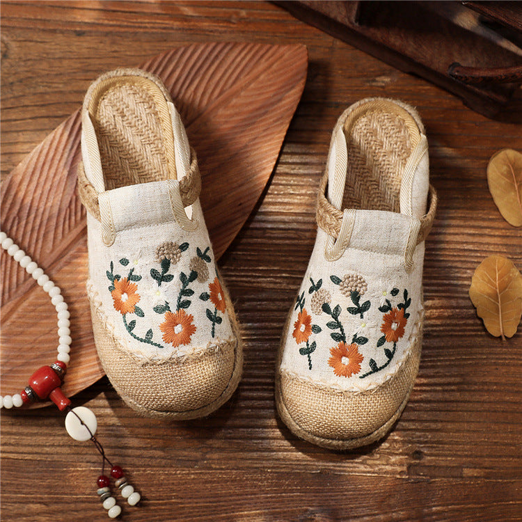 Low Top Round Toe Linen Flat Flat Brown Shoes
