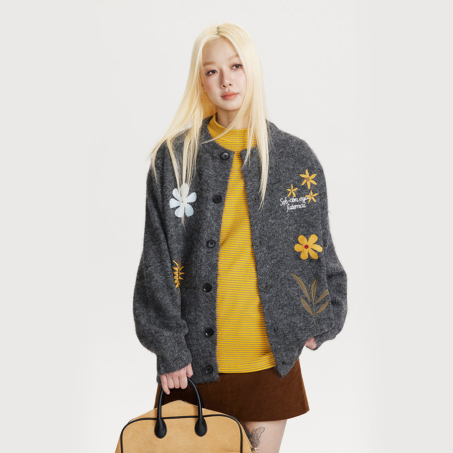 Retro Preppy Style Floral Embroidery Cardigan Sweater