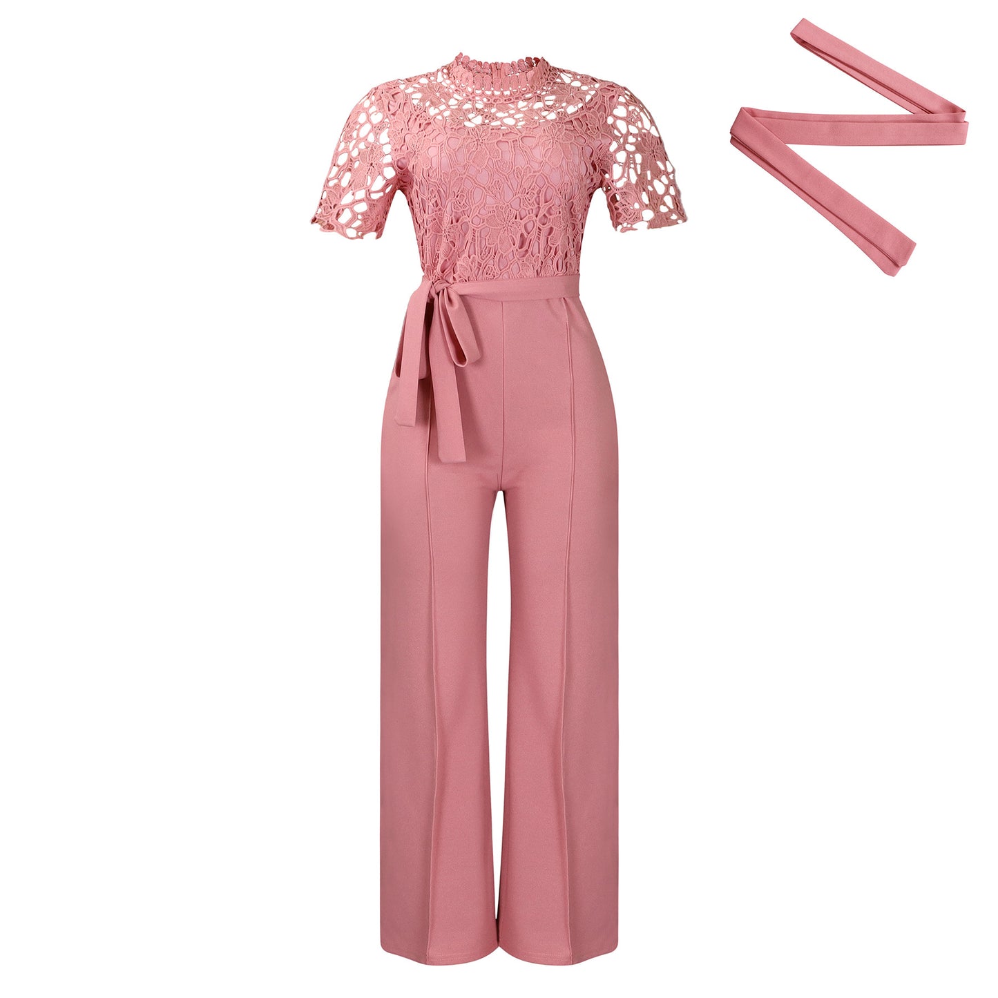 Sexy Lace Hollow-out Short-sleeve Tie-waist High-waist Wide-leg Jumpsuit