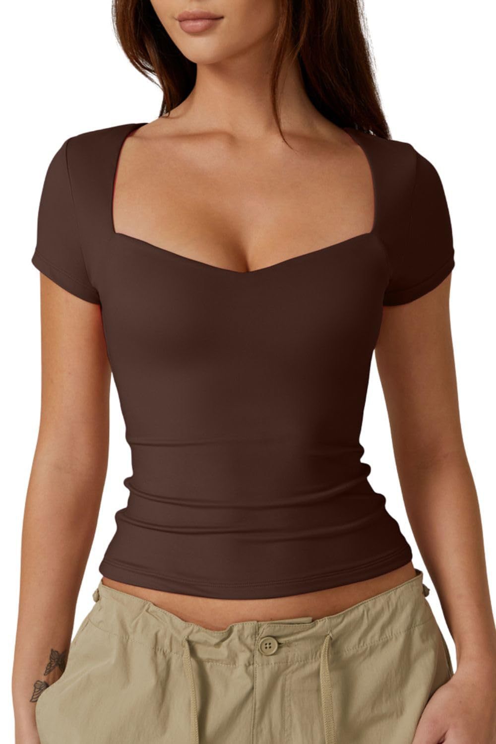Amazon Cross-border Women's Heart-shaped Collar Short Sleeve T-shirt Women's Solid Color Slim Basic Fashion Exposed Navel