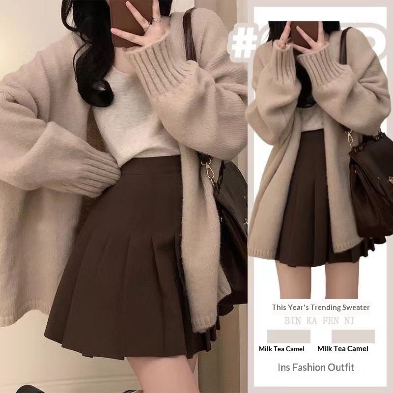 New Korean-style Versatile Strap Loose Cardigan Figure-flattering Pleated Skirt Three-piece Set