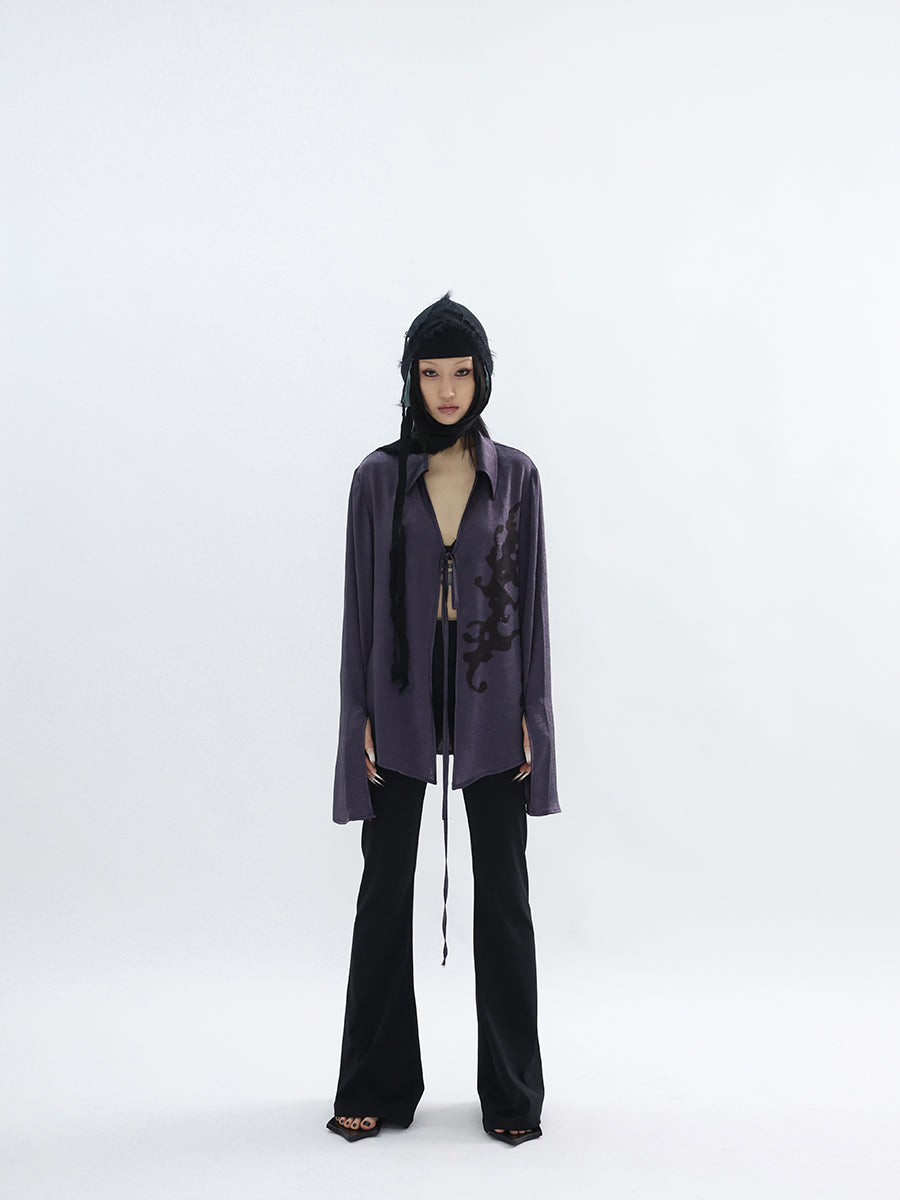 Pleated Satin Abstract Printing Vintage Lace-up Purple Shirt