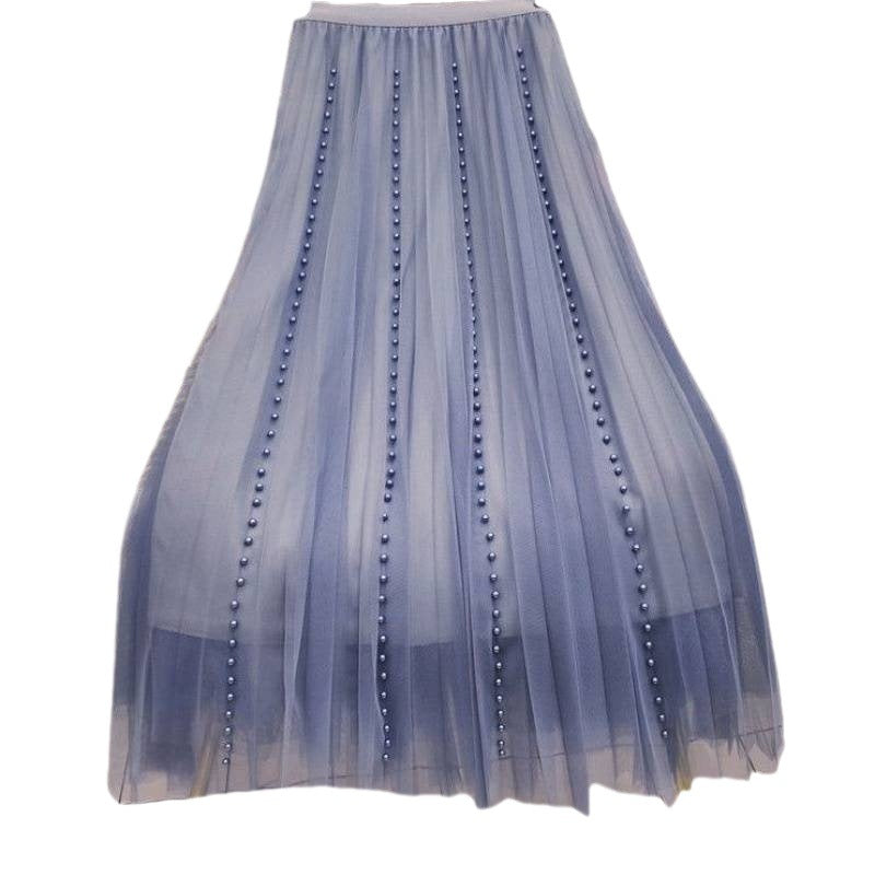 Pleated Mesh Skirt Women's Mid-length High Waist Long Skirt