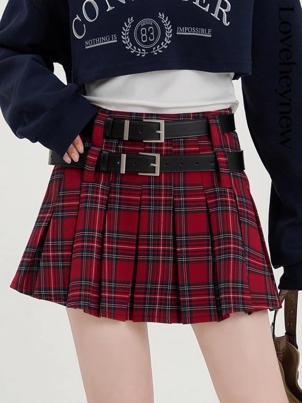 New Little Style Versatile Double Belt Short Skirt Fresh Plaid Pleated