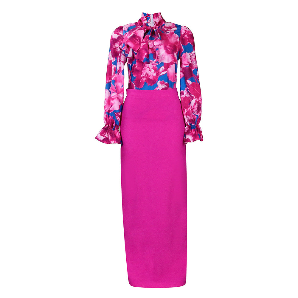 Printed Lace Up Long Sleeve Shirt Skirt Long Skirt Cross-border Two-piece Set