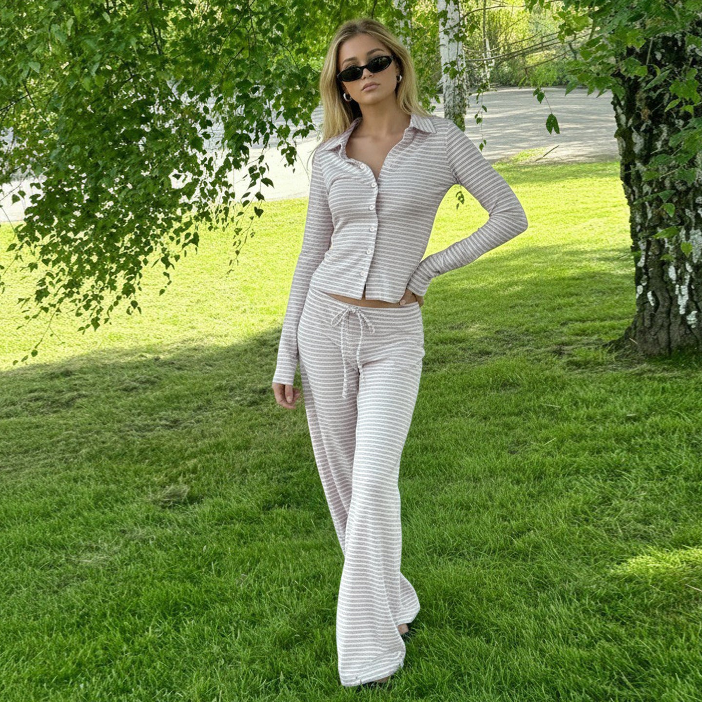 Women's Two-Piece Set Notch-Neckline Long-Sleeve Top With Drawstring Pants