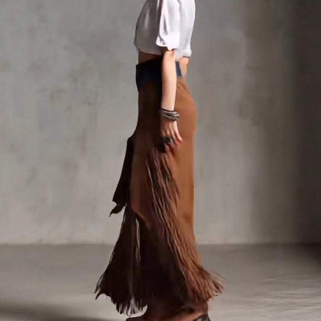 Fringed Patchwork Denim Skirt With An Asymmetrical Suede Hem