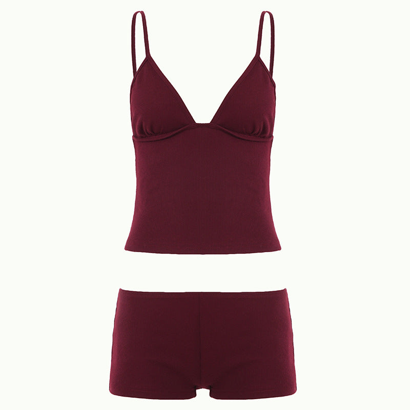Thread-knit V-neck Camisole Low-rise Shorts Set