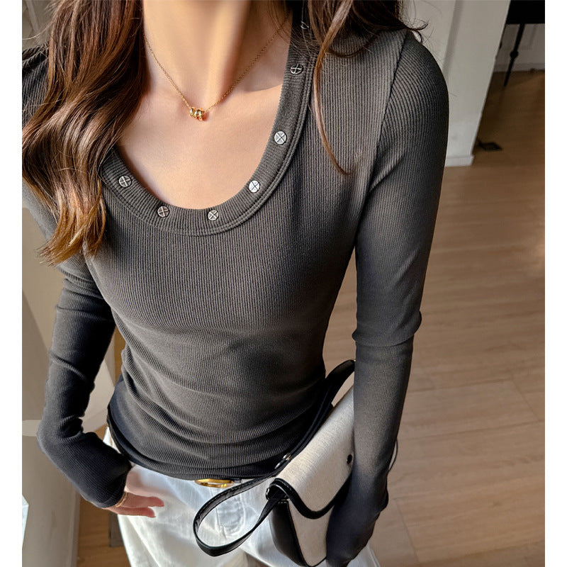 Women's Fashion Versatile Round Neck Studded Long Sleeve T-Shirt