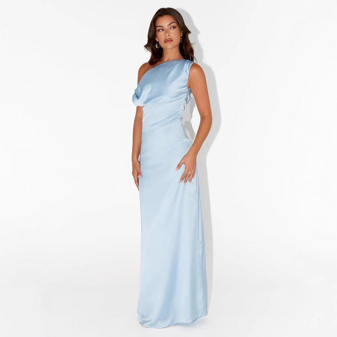 New Solid-color Asymmetrical Neckline Pleated Long Dress