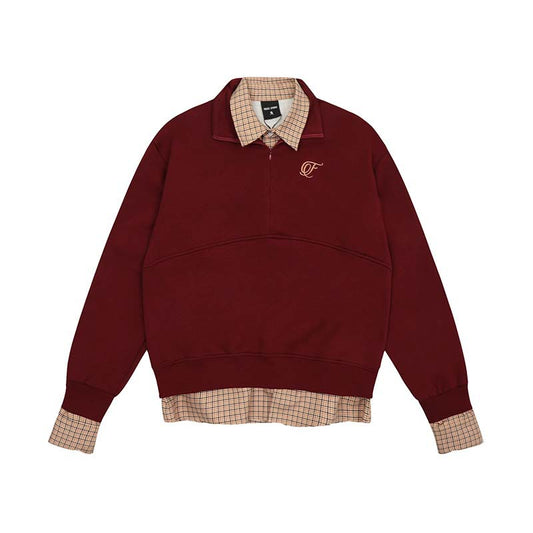 American High Street Embroidery Plaid Stitching Fake Two Pieces Brushed Hoody