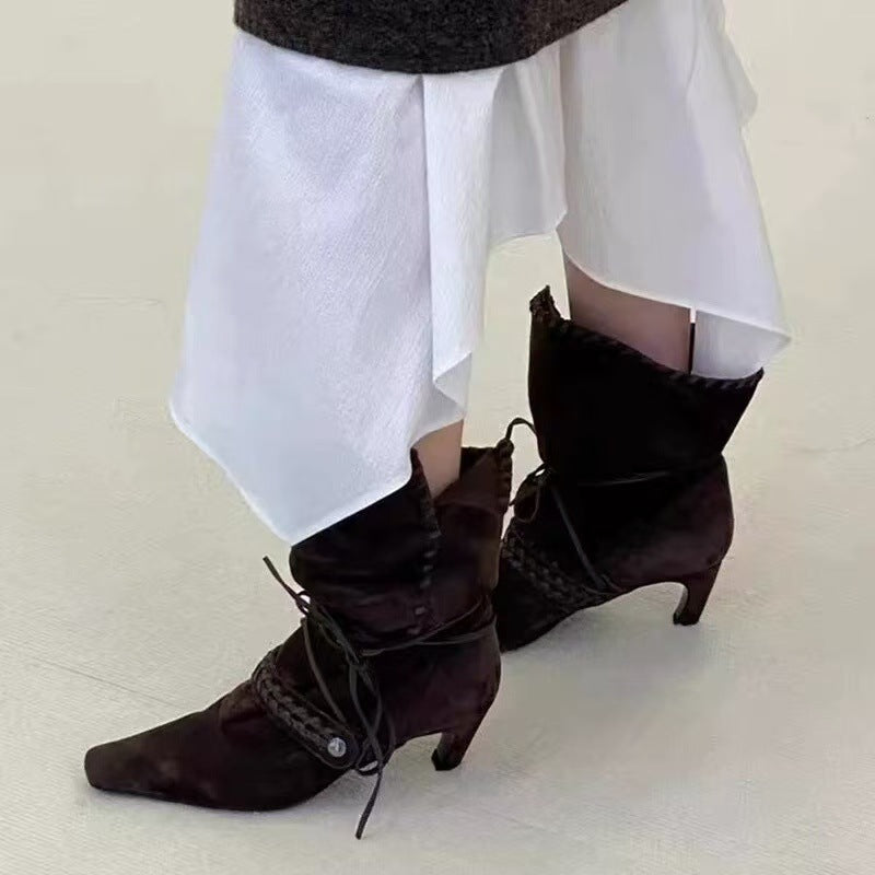 Square-toe Chic Womens Western Boots With Cross-tie Straps And Chunky Heels