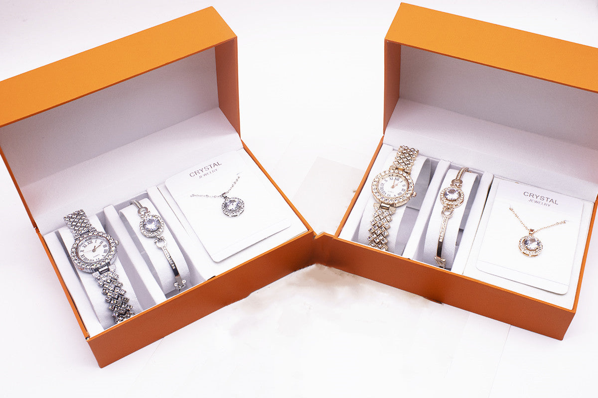 Rhinestone Watch Set With Bracelet And Necklace 3-piece