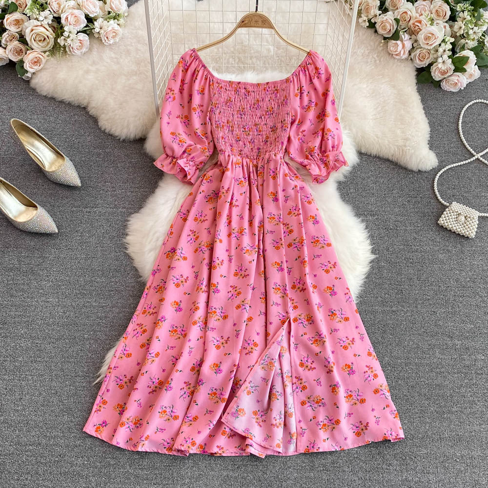 Bubble Short Sleeve Waist Wrapped Slim Split Dress
